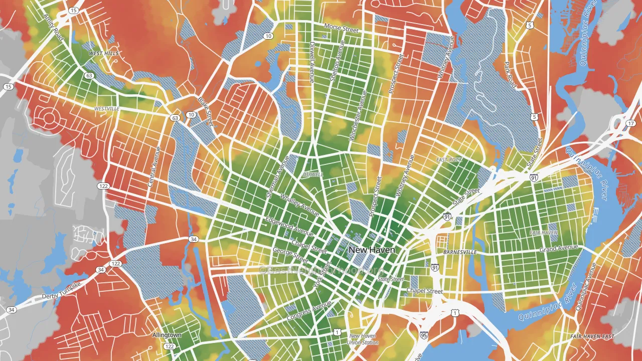 Walk Grade map of Dixwell, New Haven, CT, walkable areas in green and car-dependent areas in red