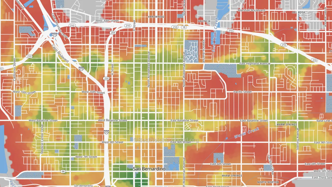 Walk Grade map of DMV, San Bernardino, CA, walkable areas in green and car-dependent areas in red