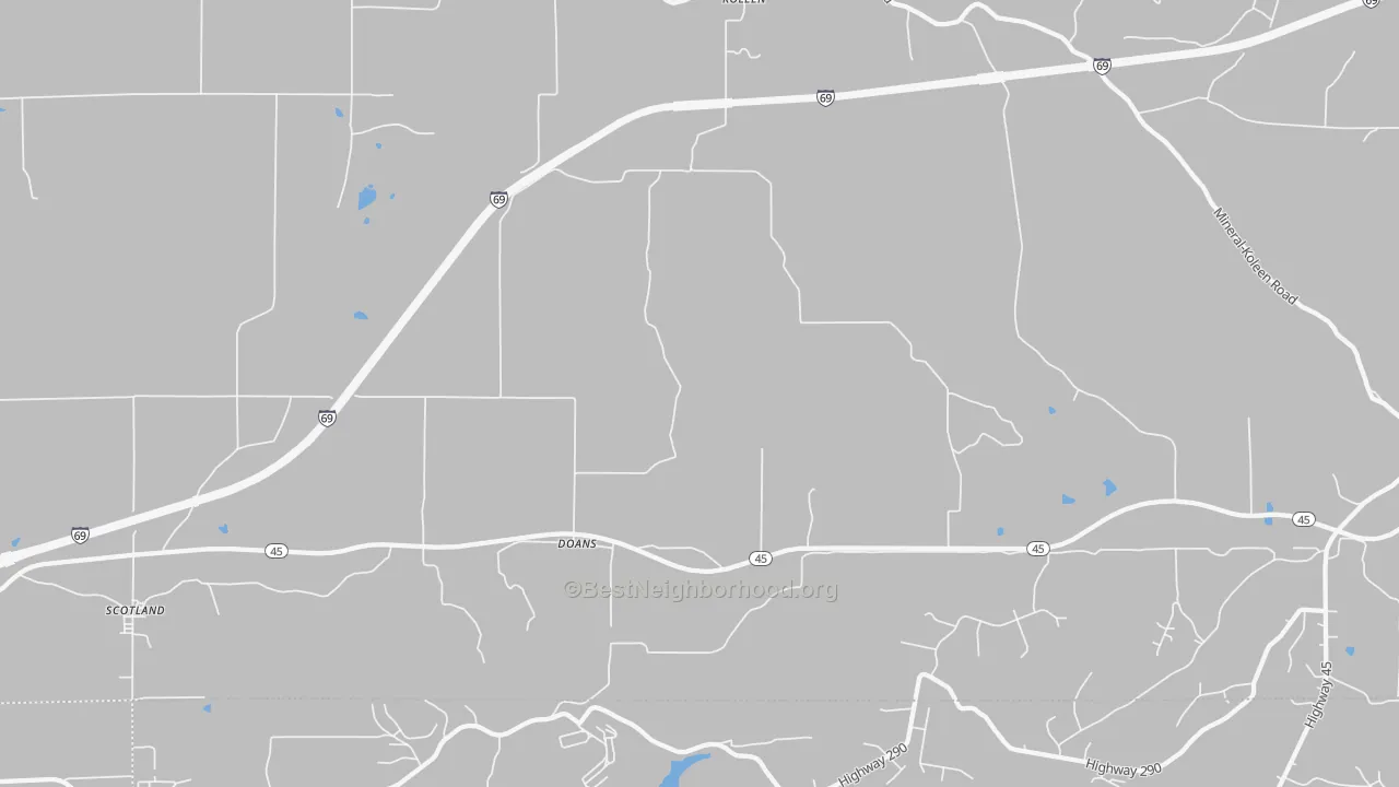 Walk Grade map of Doans, IN, walkable areas in green and car-dependent areas in red