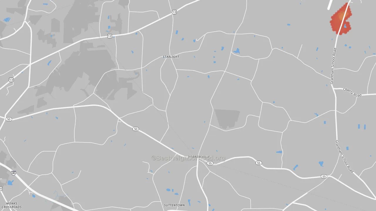 Walk Grade map of Dobbersville, NC, walkable areas in green and car-dependent areas in red