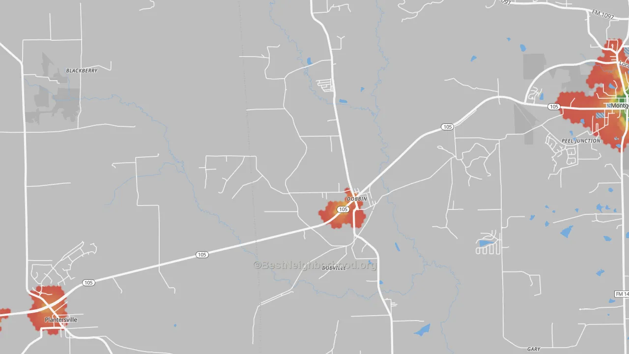Walk Grade map of Dobbin, TX, walkable areas in green and car-dependent areas in red