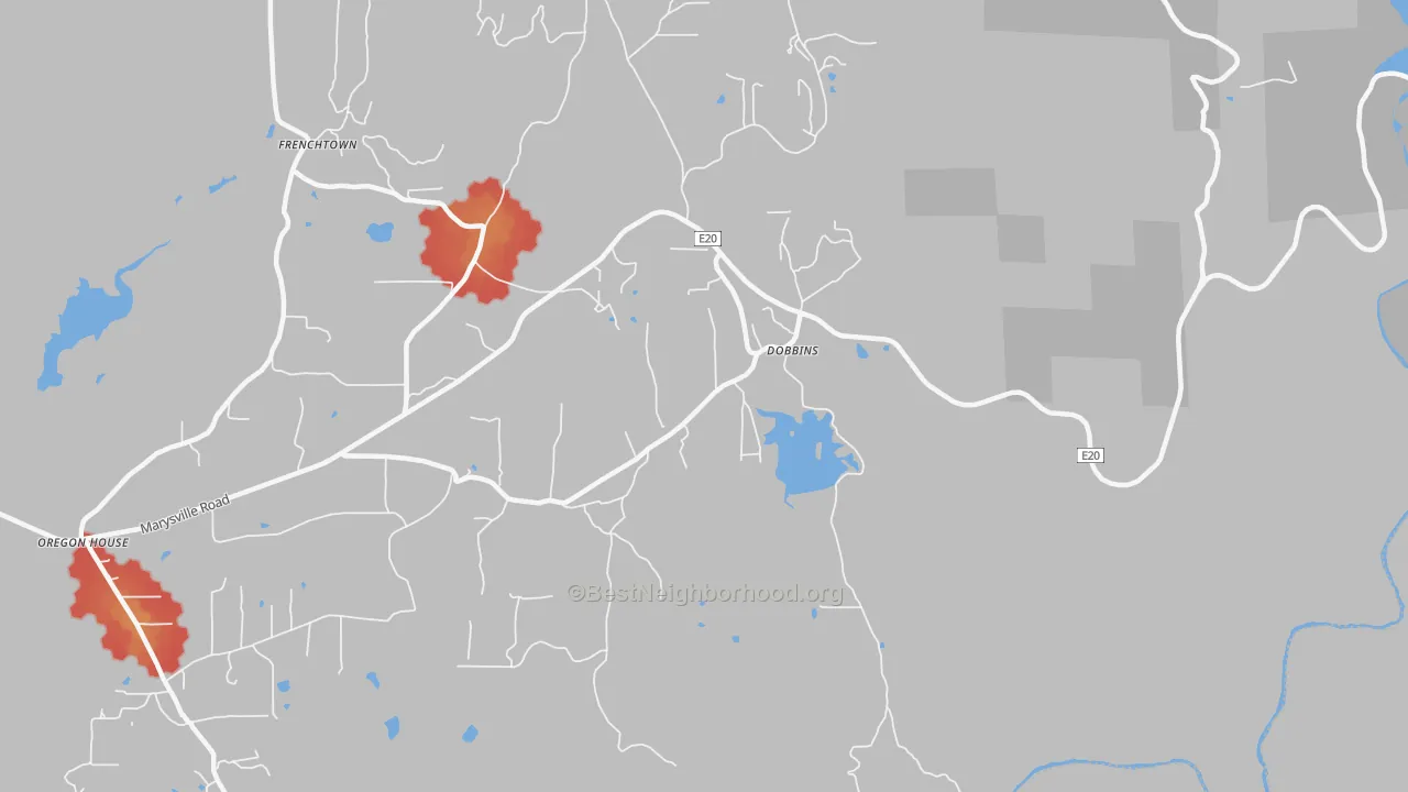 Walk Grade map of Dobbins, CA, walkable areas in green and car-dependent areas in red
