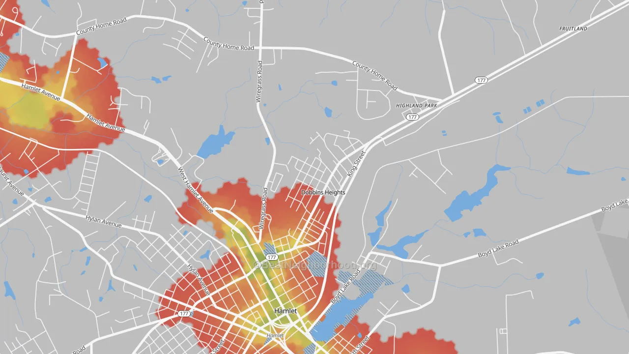 Walk Grade map of Dobbins Heights, NC, walkable areas in green and car-dependent areas in red