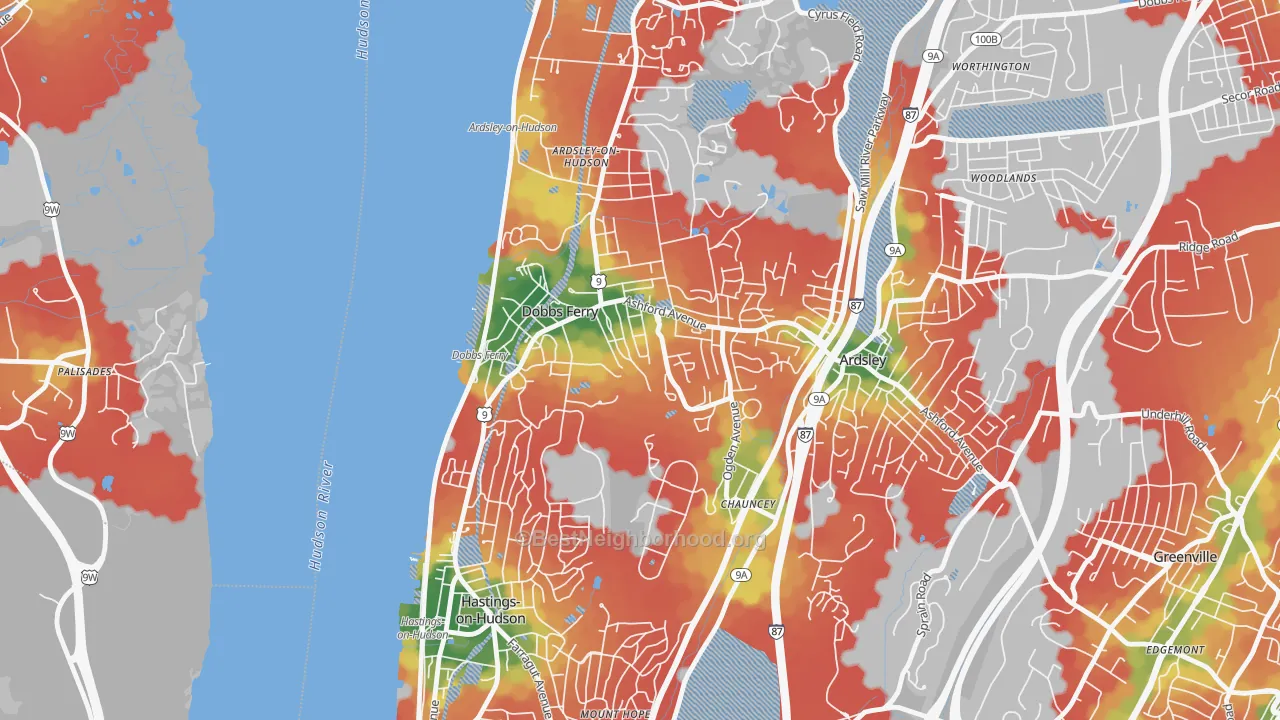 Walk Grade map of Dobbs Ferry, NY, walkable areas in green and car-dependent areas in red