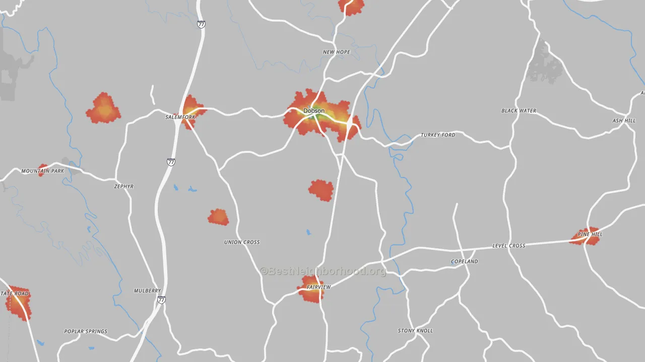 Walk Grade map of Dobson, NC, walkable areas in green and car-dependent areas in red