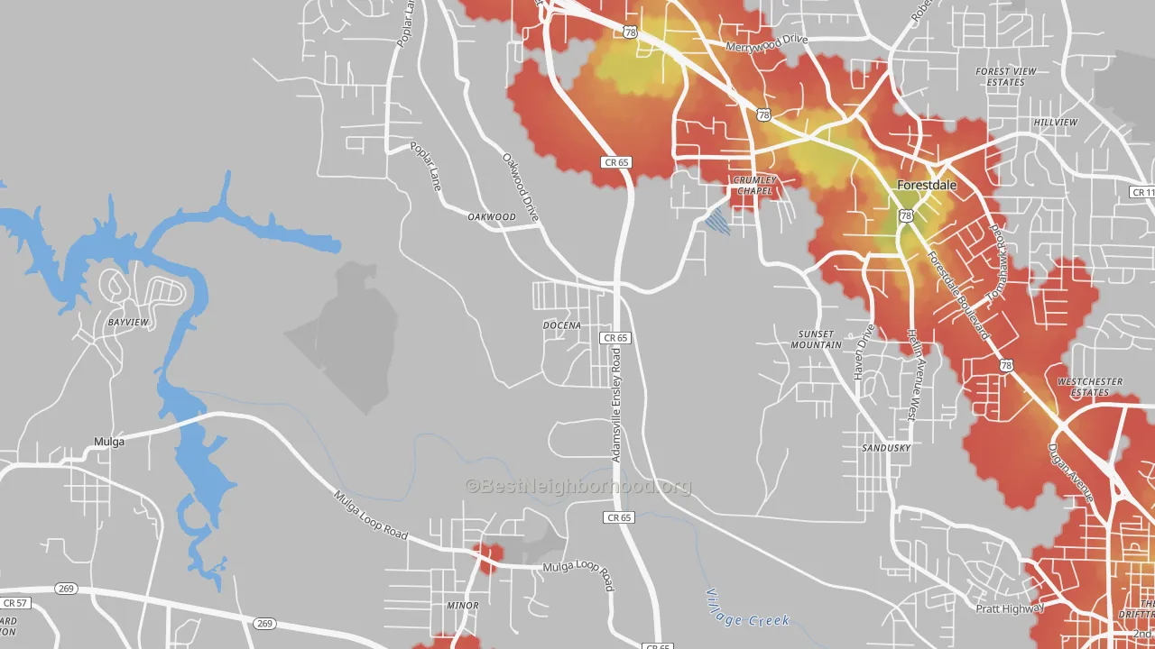 Walk Grade map of Docena, AL, walkable areas in green and car-dependent areas in red
