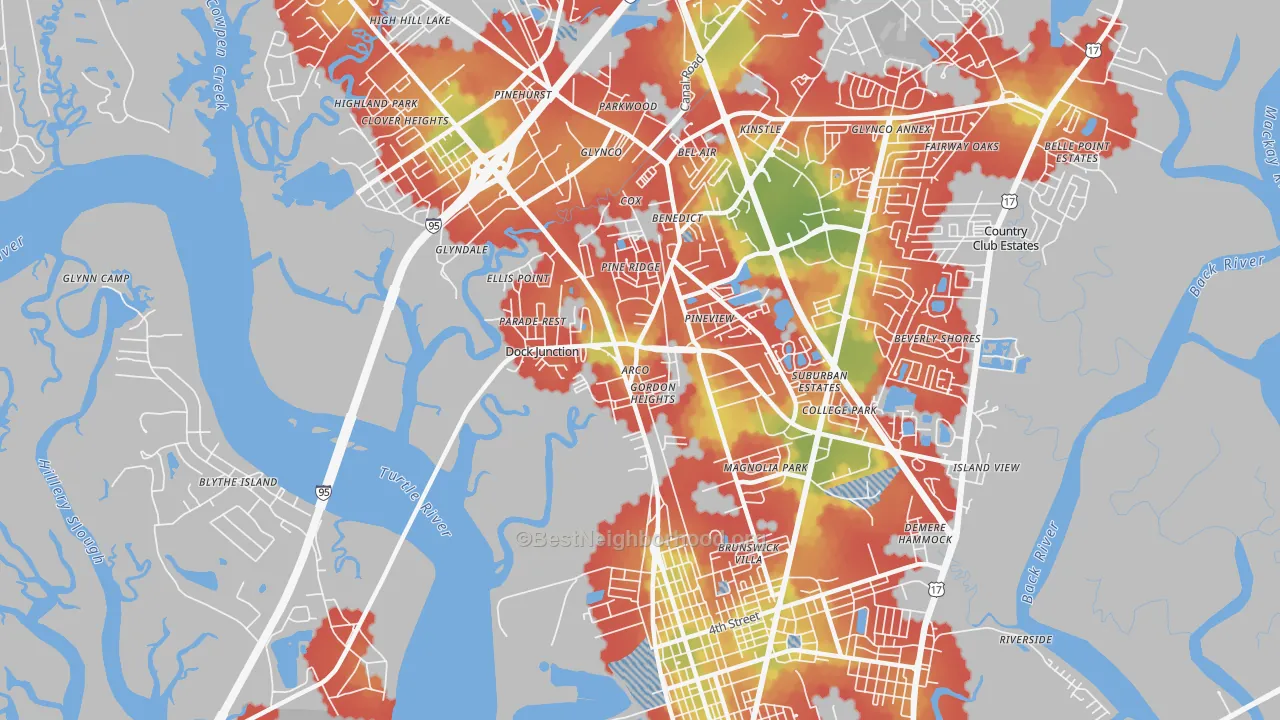 Walk Grade map of Dock Junction, GA, walkable areas in green and car-dependent areas in red