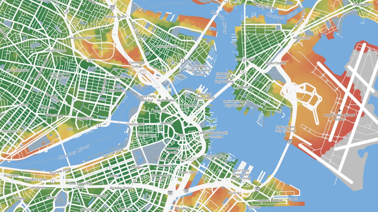 Walk Grade map of Dock Square, Boston, MA, walkable areas in green and car-dependent areas in red