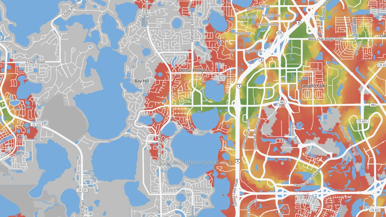Walk Grade map of Doctor Phillips, FL, walkable areas in green and car-dependent areas in red