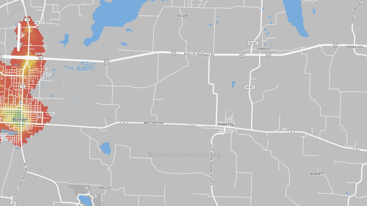 Walk Grade map of Dodd City, TX, walkable areas in green and car-dependent areas in red