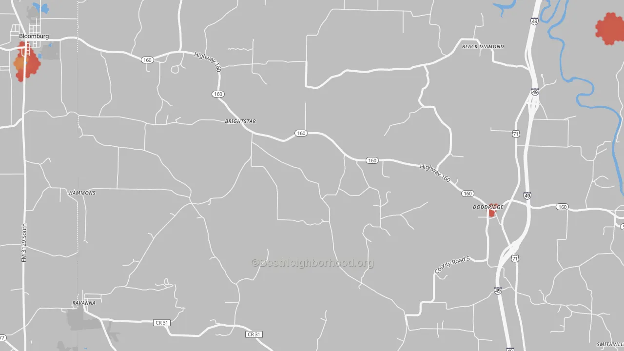 Walk Grade map of Doddridge, AR, walkable areas in green and car-dependent areas in red
