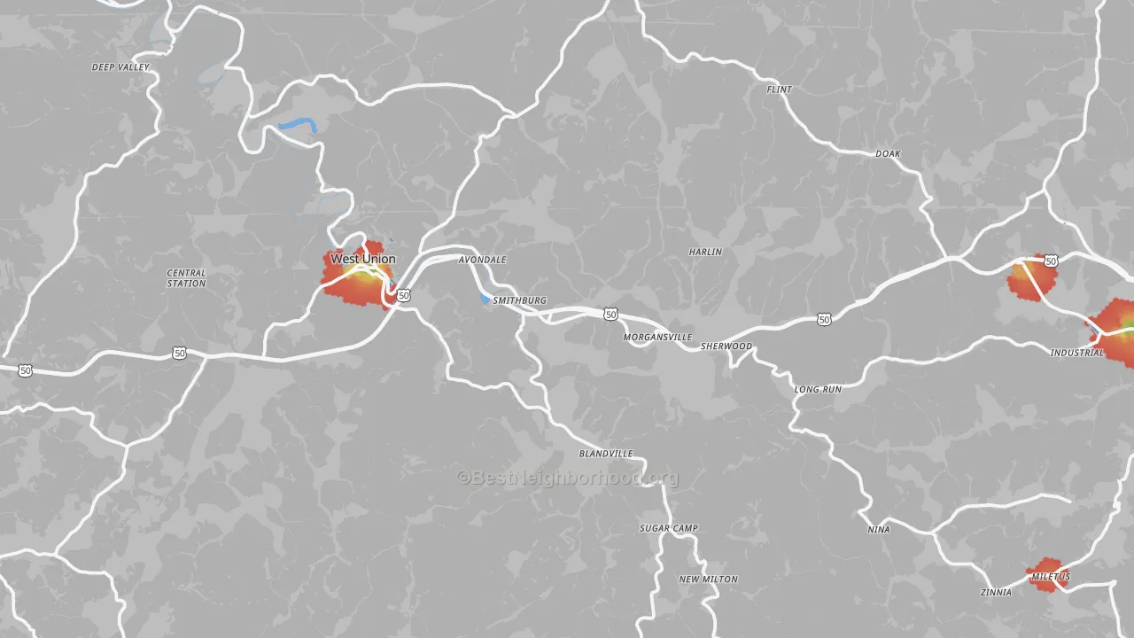 Walk Grade map of Doddridge County, WV, walkable areas in green and car-dependent areas in red