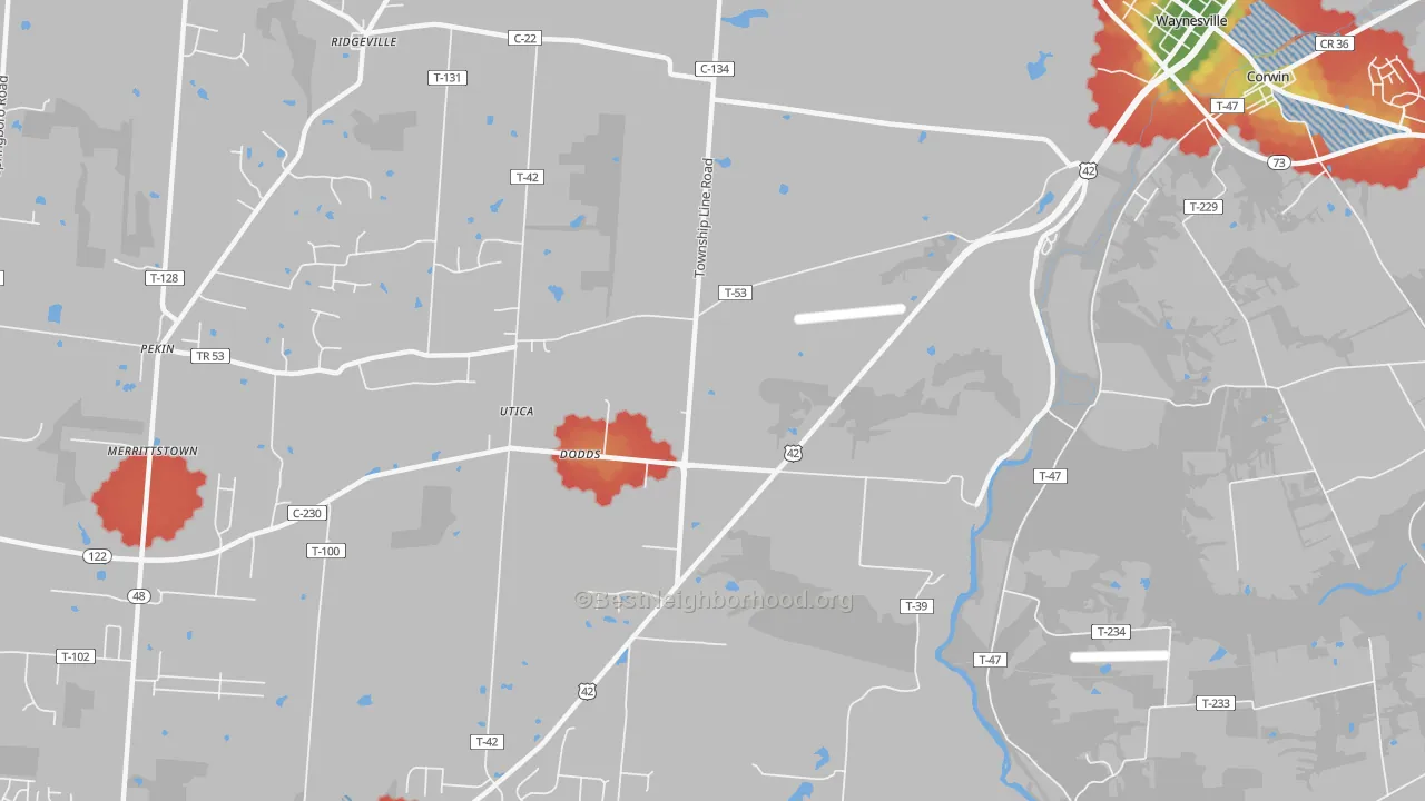 Walk Grade map of Dodds, OH, walkable areas in green and car-dependent areas in red