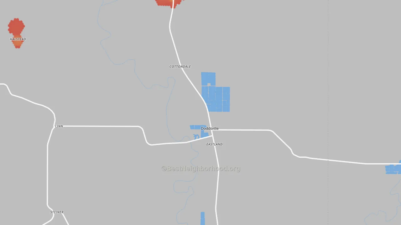 Walk Grade map of Doddsville, MS, walkable areas in green and car-dependent areas in red