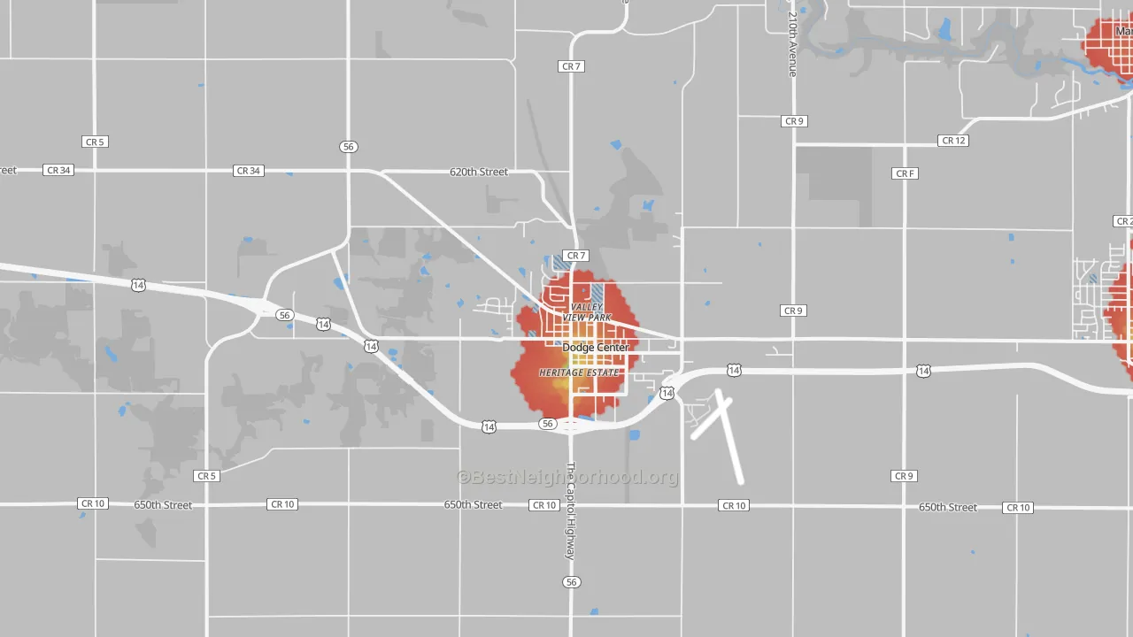 Walk Grade map of Dodge Center, MN, walkable areas in green and car-dependent areas in red