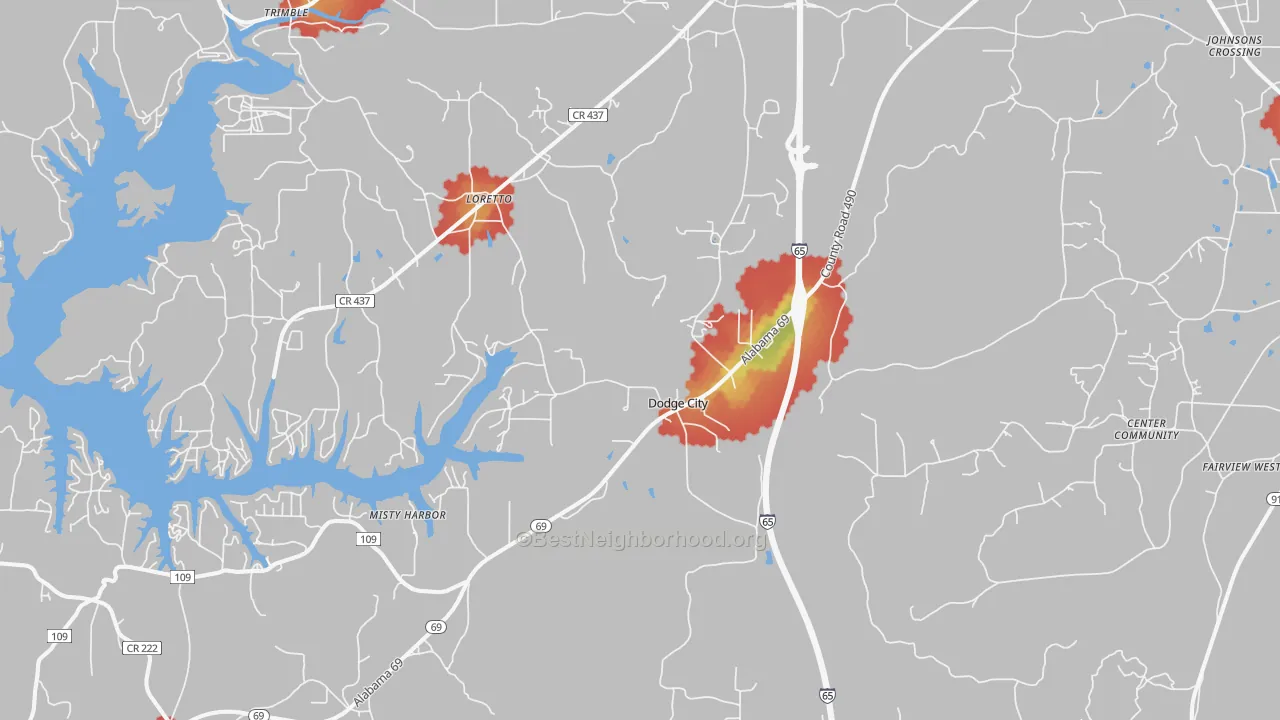 Walk Grade map of Dodge City, AL, walkable areas in green and car-dependent areas in red