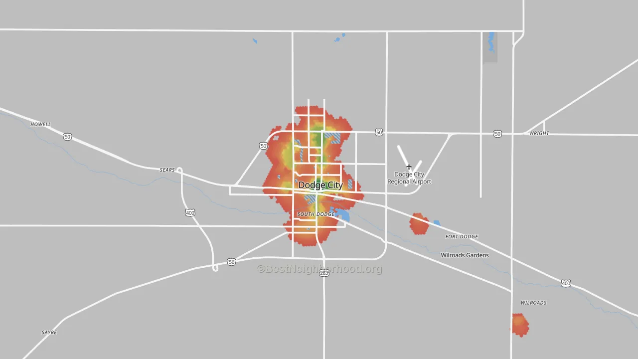 Walk Grade map of Dodge City, KS, walkable areas in green and car-dependent areas in red