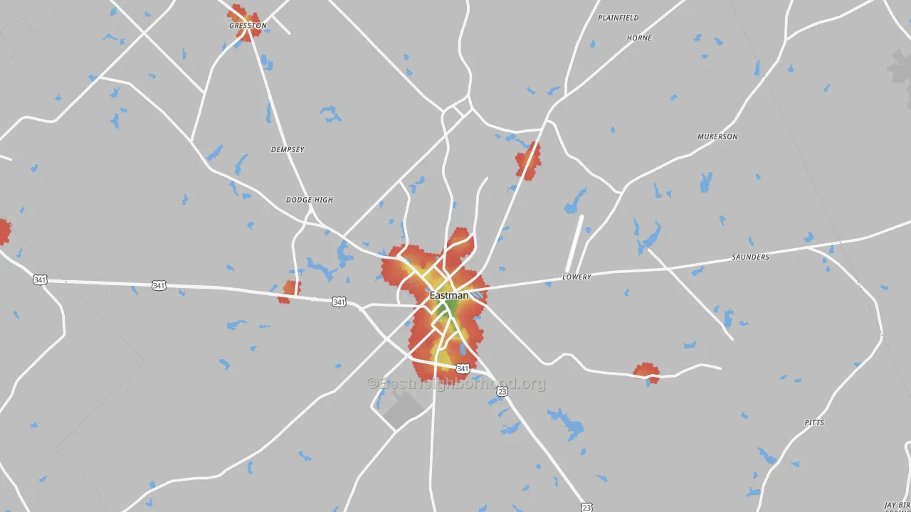 Walk Grade map of Dodge County, GA, walkable areas in green and car-dependent areas in red