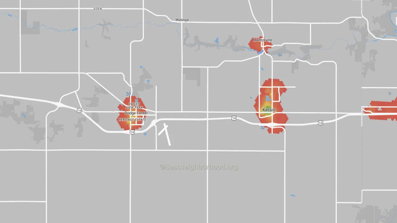 Walk Grade map of Dodge County, MN, walkable areas in green and car-dependent areas in red