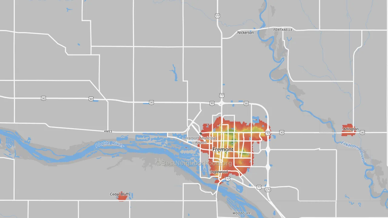 Walk Grade map of Dodge County, NE, walkable areas in green and car-dependent areas in red