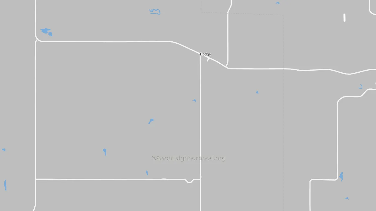 Walk Grade map of Dodge, ND, walkable areas in green and car-dependent areas in red