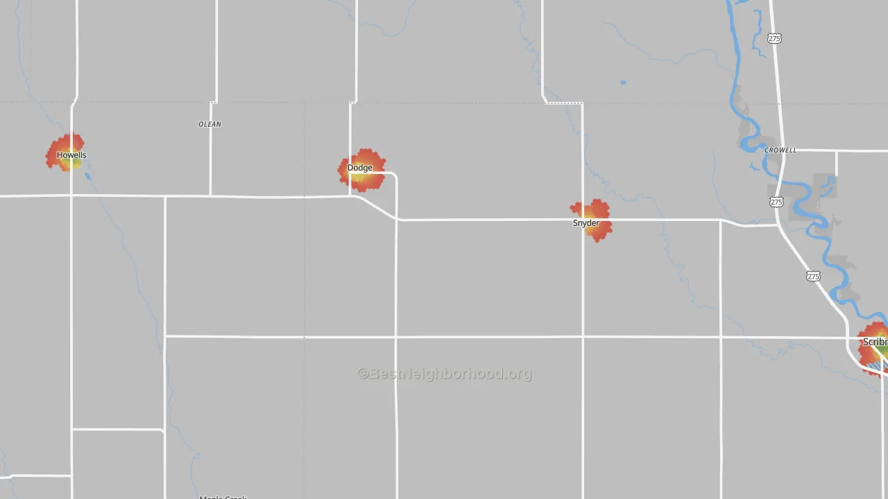 Walk Grade map of Dodge, NE, walkable areas in green and car-dependent areas in red