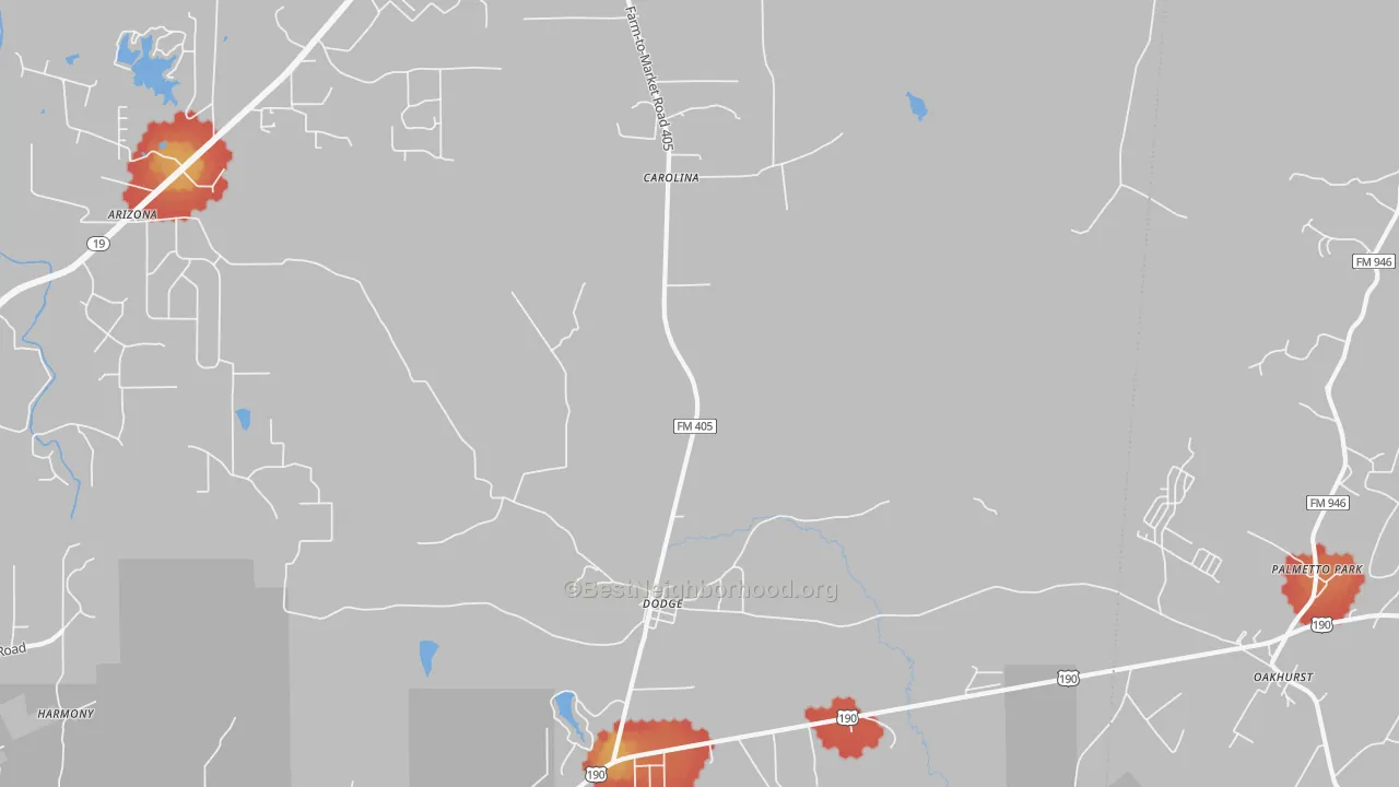 Walk Grade map of Dodge, TX, walkable areas in green and car-dependent areas in red