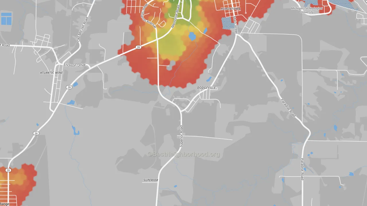 Walk Grade map of Dodgeville, MI, walkable areas in green and car-dependent areas in red