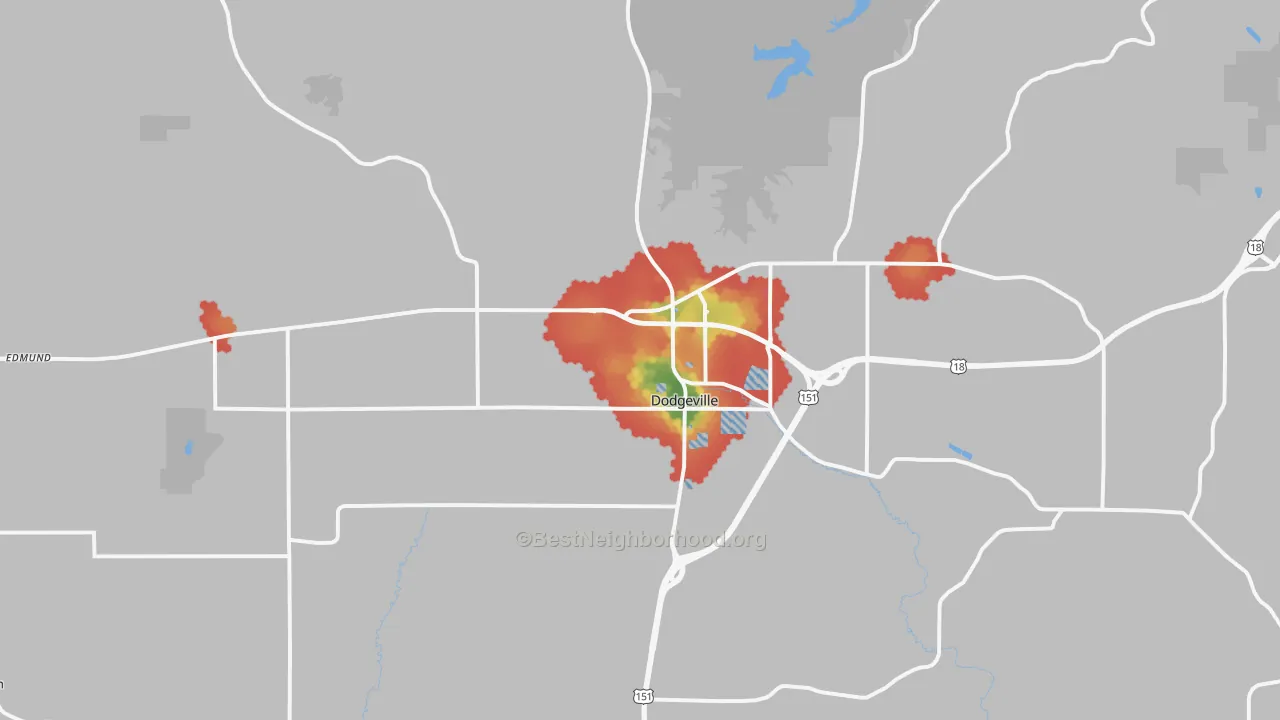 Walk Grade map of Dodgeville, WI, walkable areas in green and car-dependent areas in red