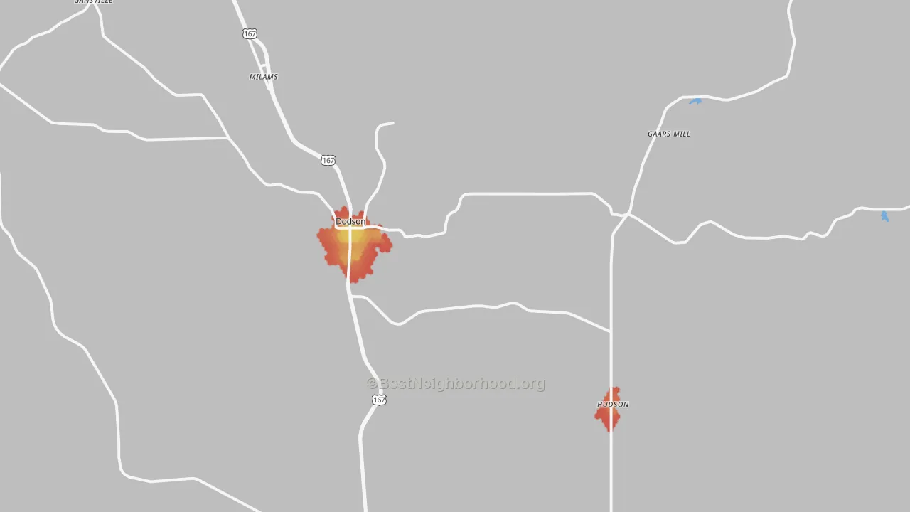Walk Grade map of Dodson, LA, walkable areas in green and car-dependent areas in red