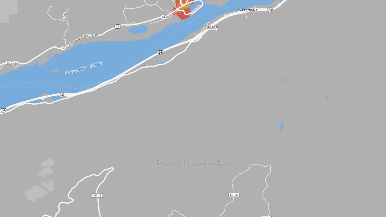 Walk Grade map of Dodson, OR, walkable areas in green and car-dependent areas in red