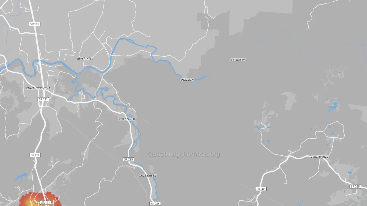 Walk Grade map of Dodson, TN, walkable areas in green and car-dependent areas in red