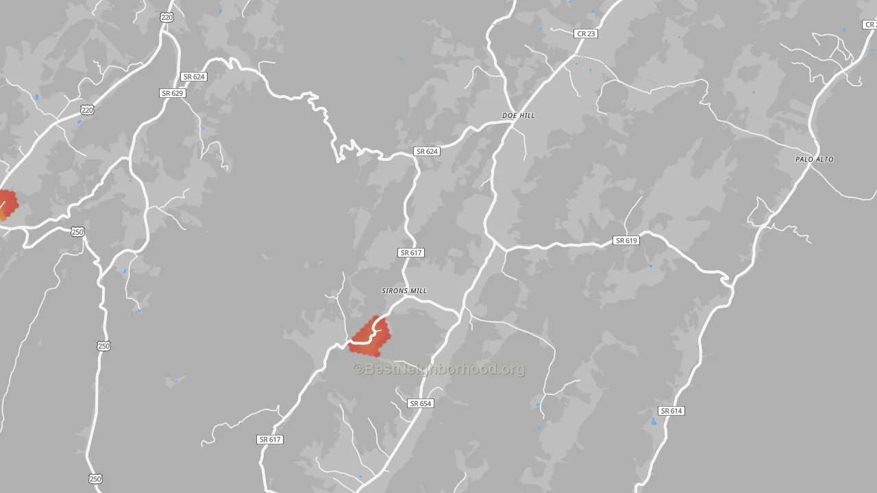 Walk Grade map of Doe Hill, VA, walkable areas in green and car-dependent areas in red