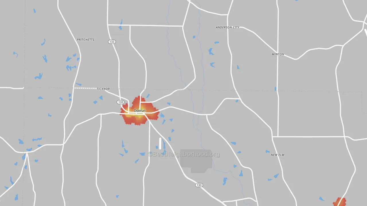 Walk Grade map of Doerun, GA, walkable areas in green and car-dependent areas in red