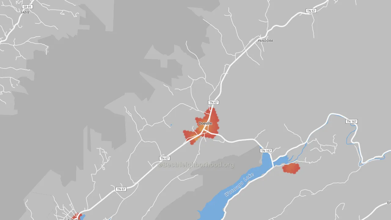 Walk Grade map of Doeville, TN, walkable areas in green and car-dependent areas in red