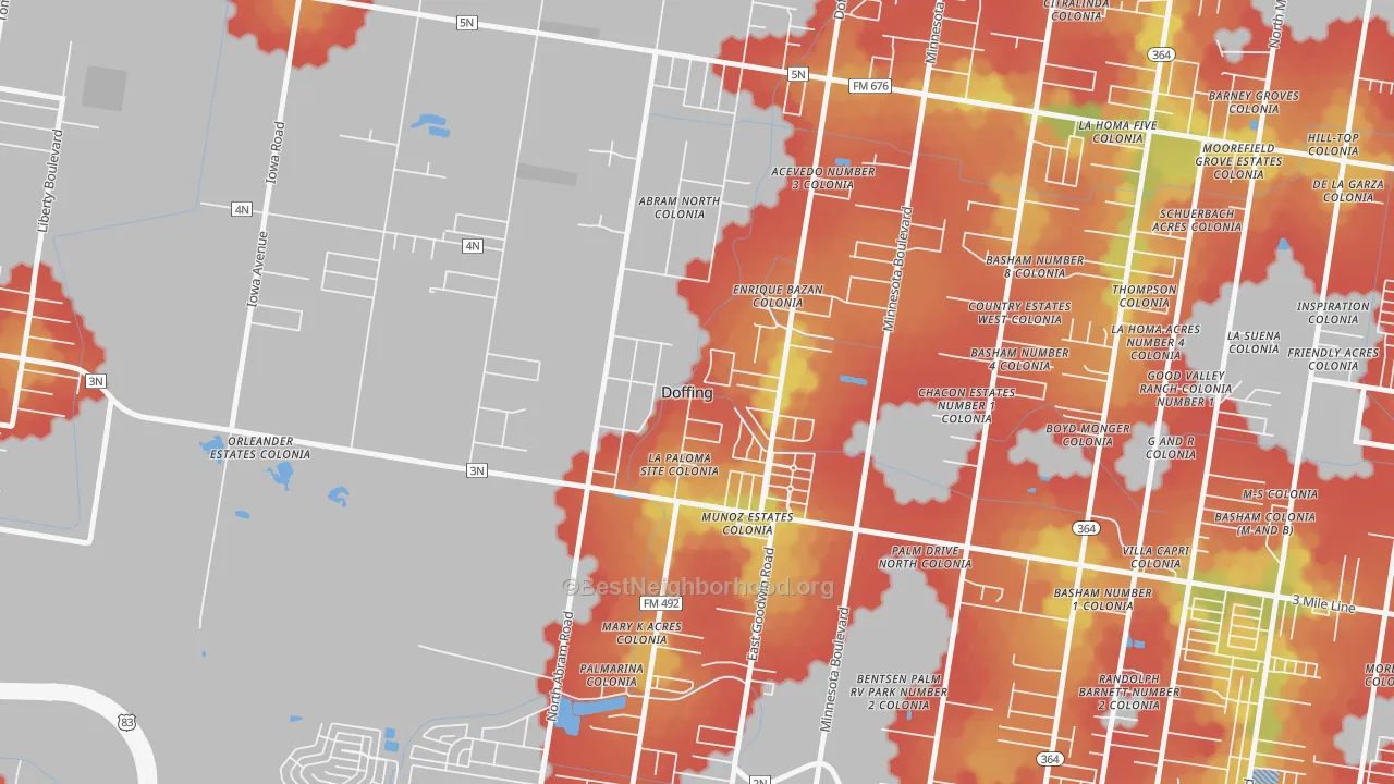 Walk Grade map of Doffing, Mission, TX, walkable areas in green and car-dependent areas in red
