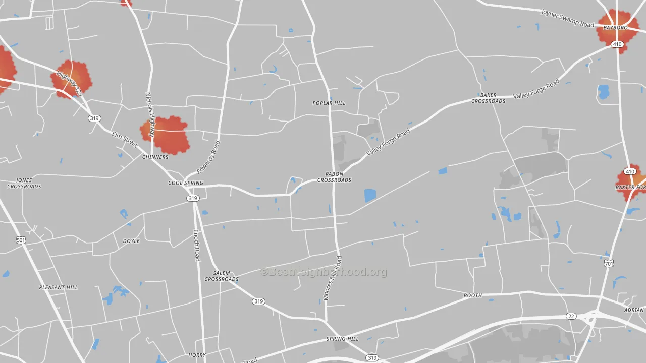 Walk Grade map of Dog Bluff, SC, walkable areas in green and car-dependent areas in red