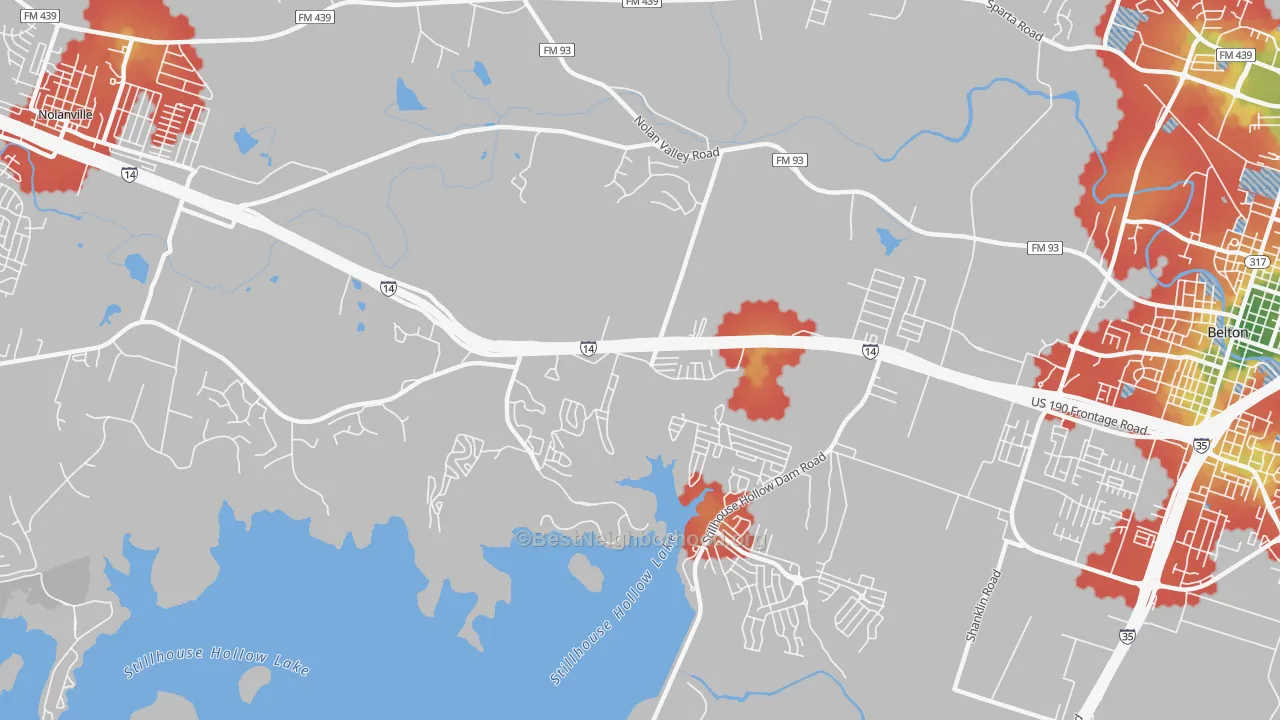 Walk Grade map of Dog Ridge, TX, walkable areas in green and car-dependent areas in red