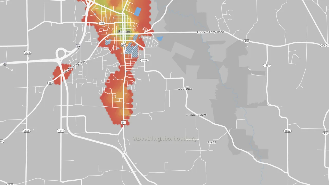 Walk Grade map of Dogtown, KY, walkable areas in green and car-dependent areas in red