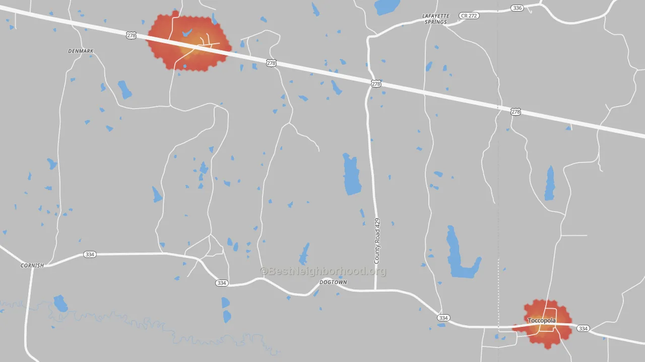Walk Grade map of Dogtown, MS, walkable areas in green and car-dependent areas in red