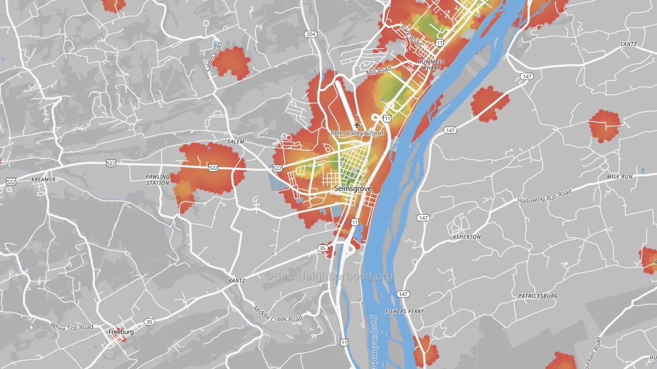 Walk Grade map of Dogtown, Selinsgrove, PA, walkable areas in green and car-dependent areas in red