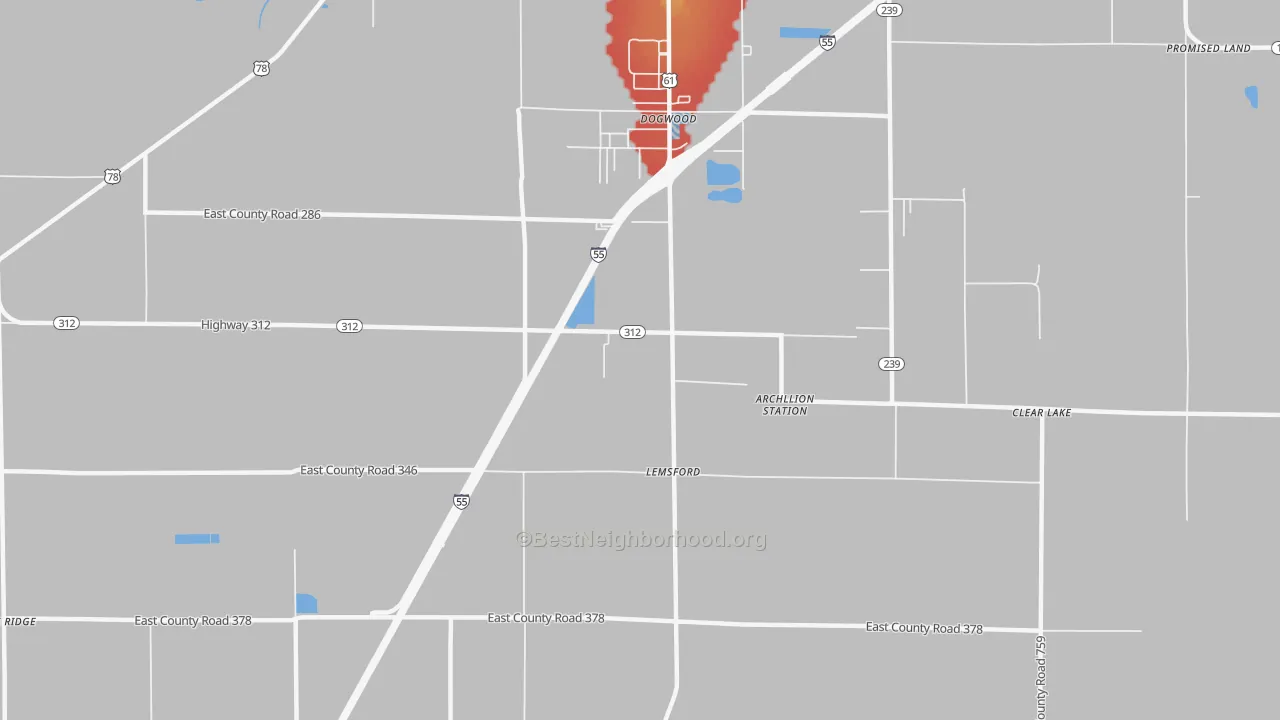 Walk Grade map of Dogwood, AR, walkable areas in green and car-dependent areas in red