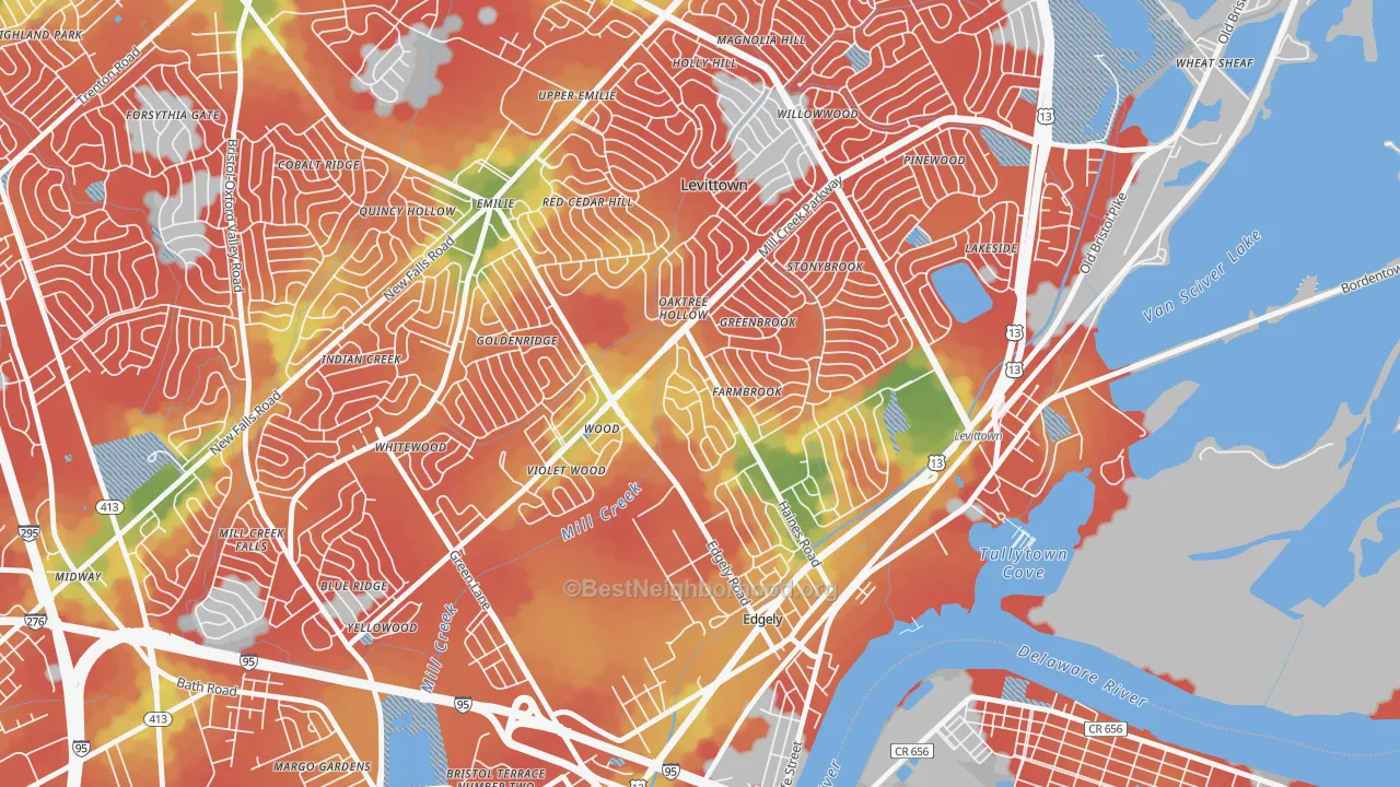 Walk Grade map of Dogwood Hollow, Levittown, PA, walkable areas in green and car-dependent areas in red