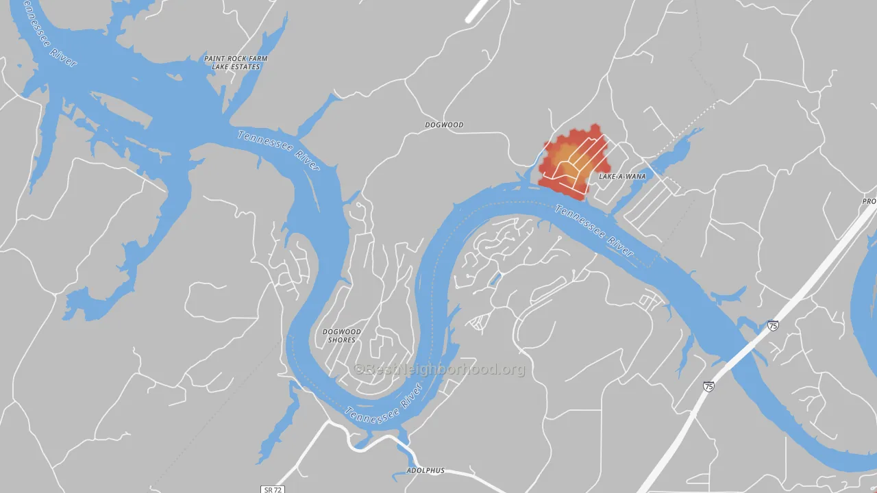 Walk Grade map of Dogwood, TN, walkable areas in green and car-dependent areas in red