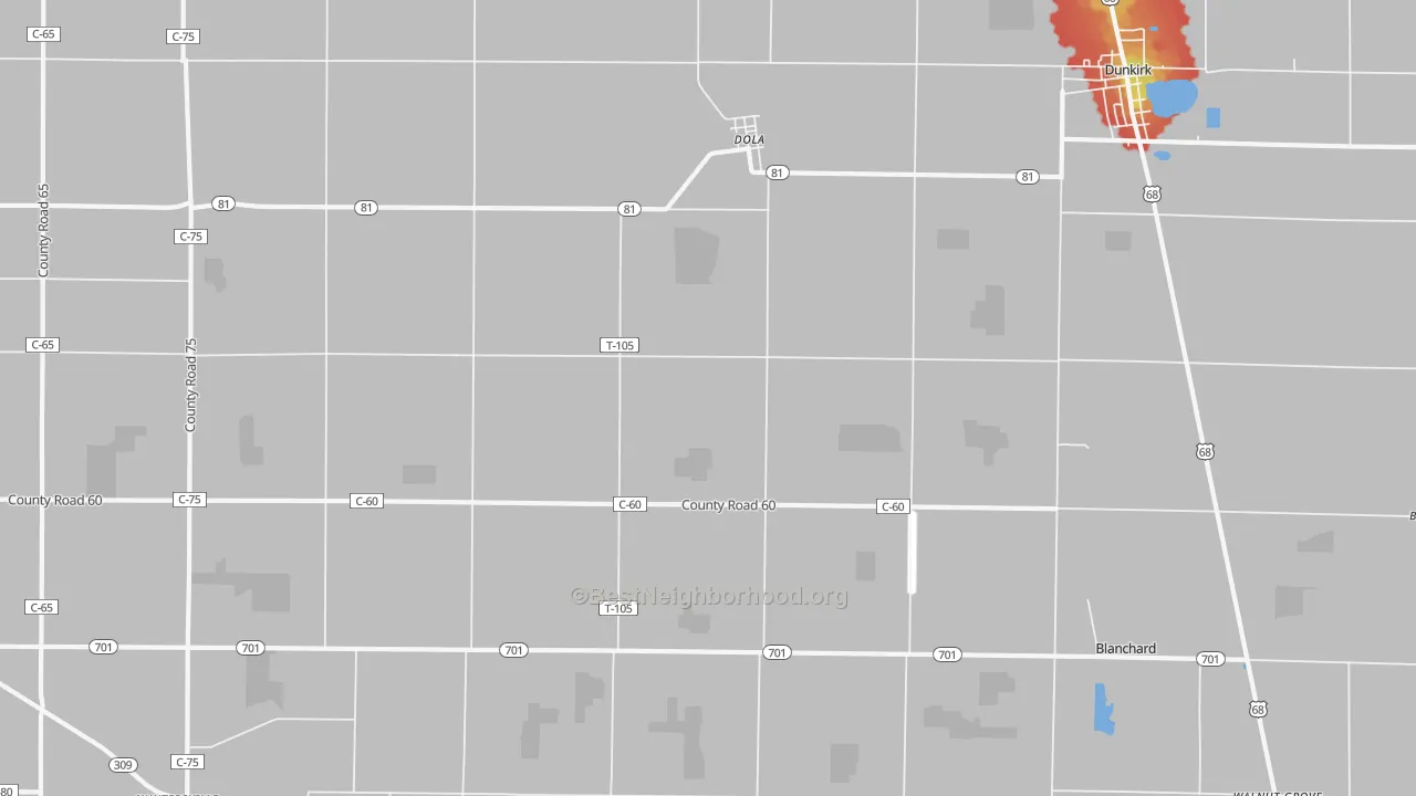 Walk Grade map of Dola, OH, walkable areas in green and car-dependent areas in red