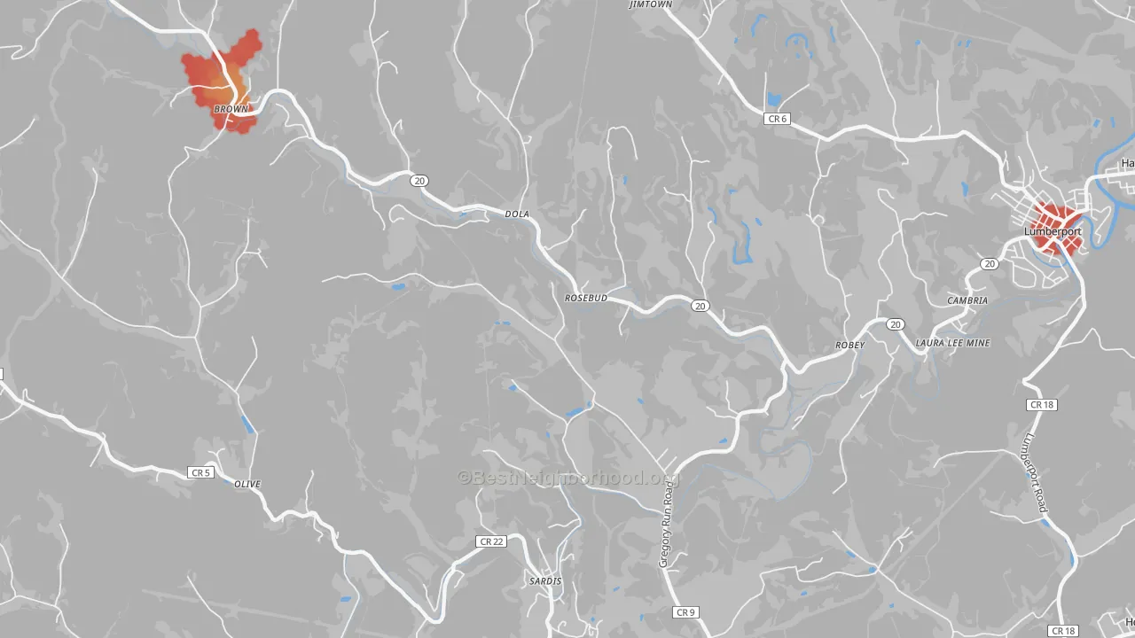 Walk Grade map of Dola, WV, walkable areas in green and car-dependent areas in red