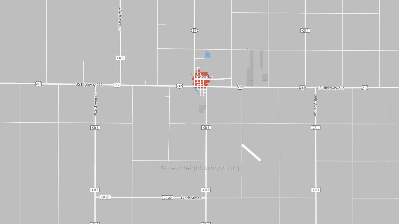 Walk Grade map of Doland, SD, walkable areas in green and car-dependent areas in red
