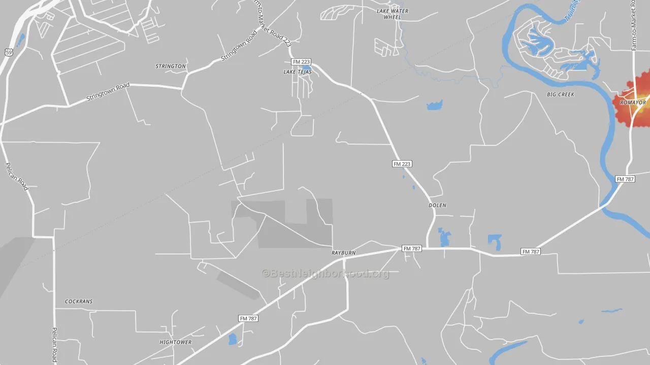 Walk Grade map of Dolen, TX, walkable areas in green and car-dependent areas in red