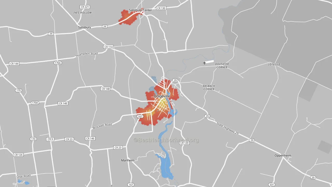 Walk Grade map of Dolgeville, NY, walkable areas in green and car-dependent areas in red