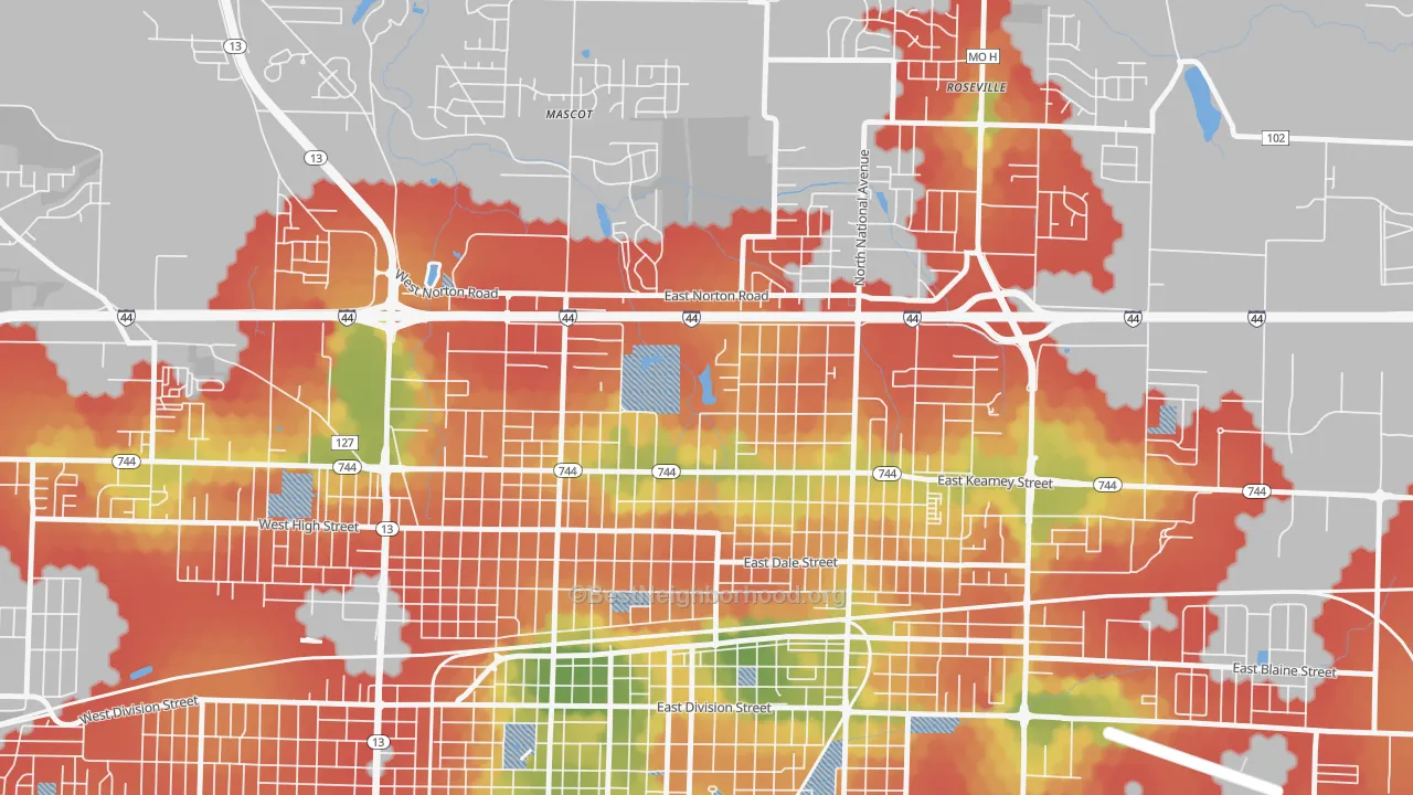 Walk Grade map of Doling, Springfield, MO, walkable areas in green and car-dependent areas in red